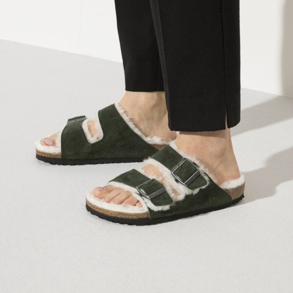 Birkenstock Arizona Shearling Sandal Green Suede Leather Mens EU 44 US 11- 11.5